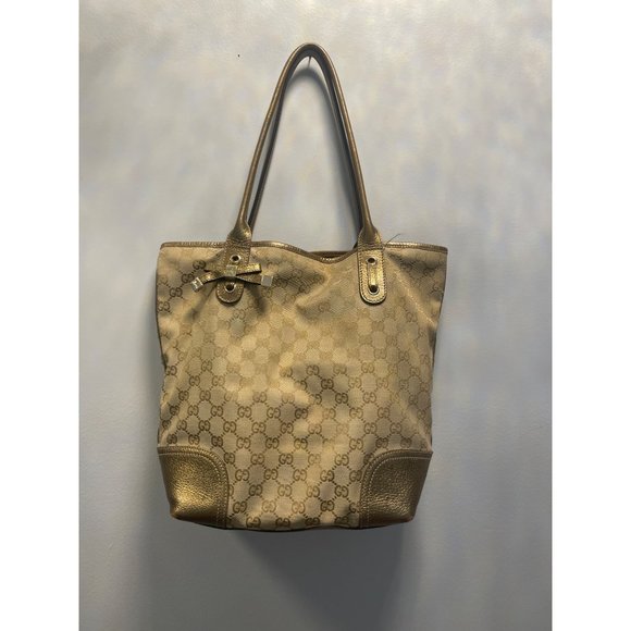 Authentic GUCCI Princy Shoulder Tote Bag GG Canvas Leather 181779 Beige K0517 - Picture 1 of 15